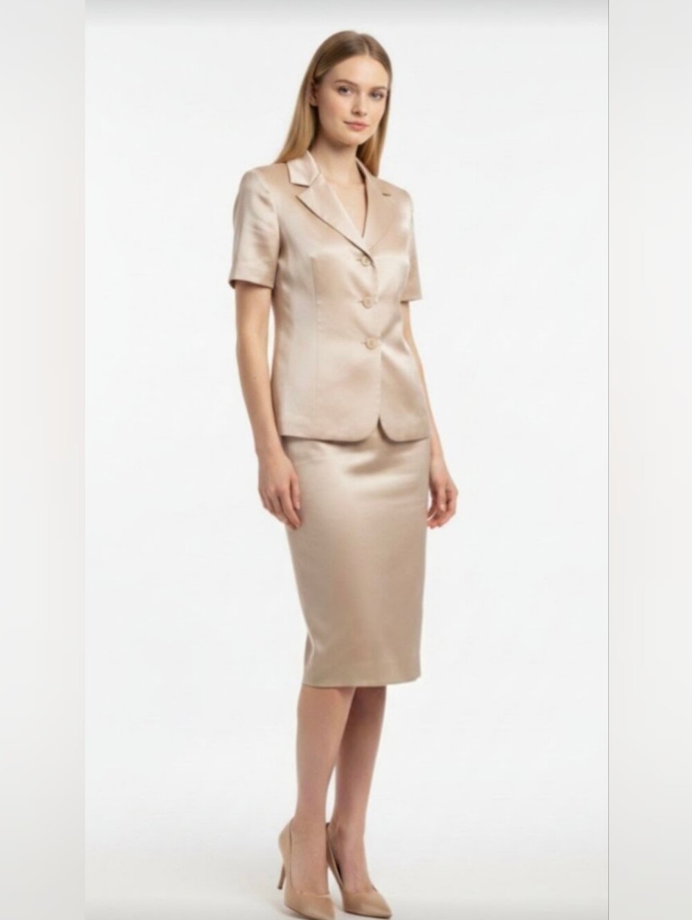 LE SUIT! SPUN GOLD RAW SATIN LOOK SHORT SLEEVED SKIRT & JACKET SUIT! SZ 14